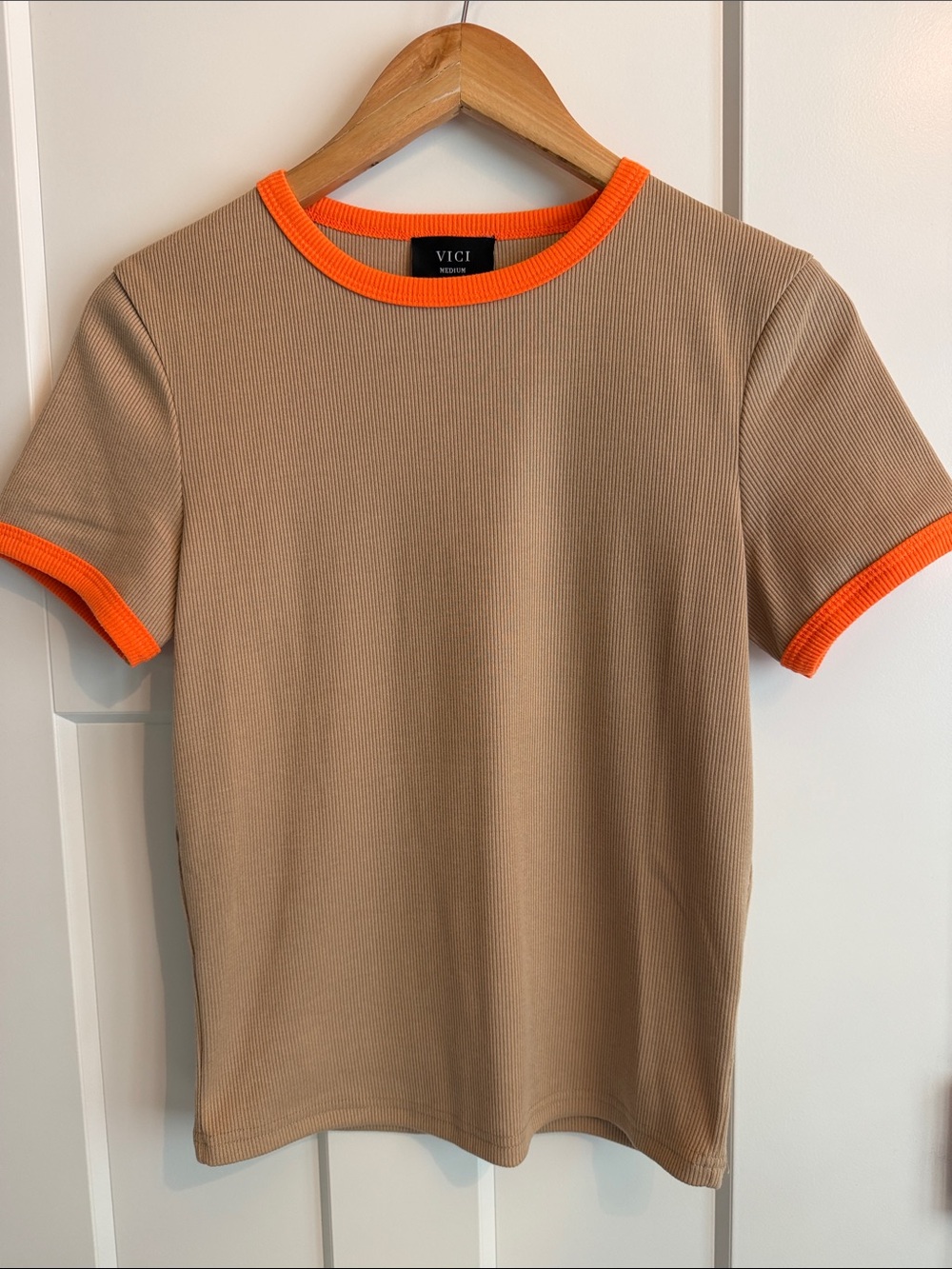 VICI Tan Ribbed Tee with Orange Trim